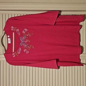 Quacker Factory 2X Pink Embroidered Rhinestone Butterfly 3/4 Sleeve Tee